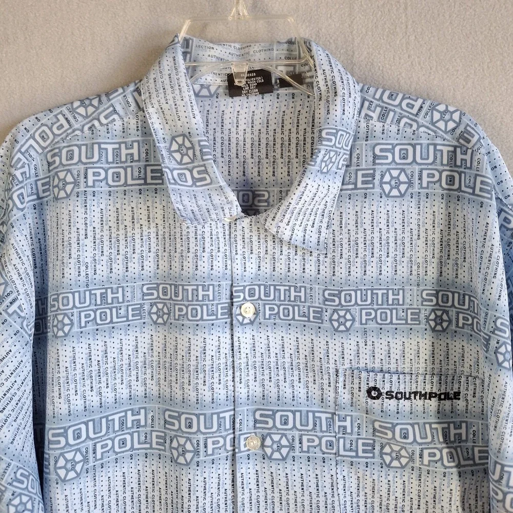 Vintage South Pole Men's XL Blue Button Up Short Sleeve Casual Polyester‎ Logo - Picture 2 of 12